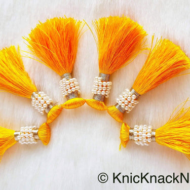 Various Colours Tassels With White Pearls Beads, Tassel Charms, Nylon Tassels x 6